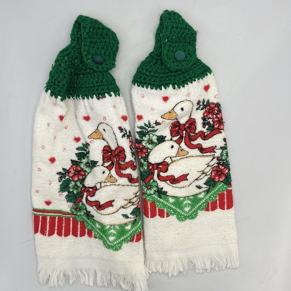 Lot of 2 Vintage Franco Hand Crocheted Top Hanging Hand Towels‎ Christmas